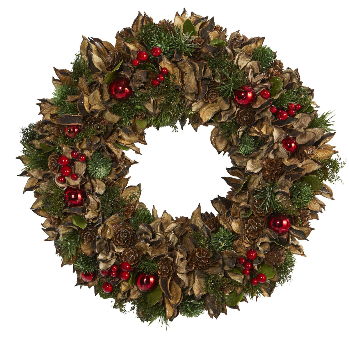 a wreath with red berries and pine cones