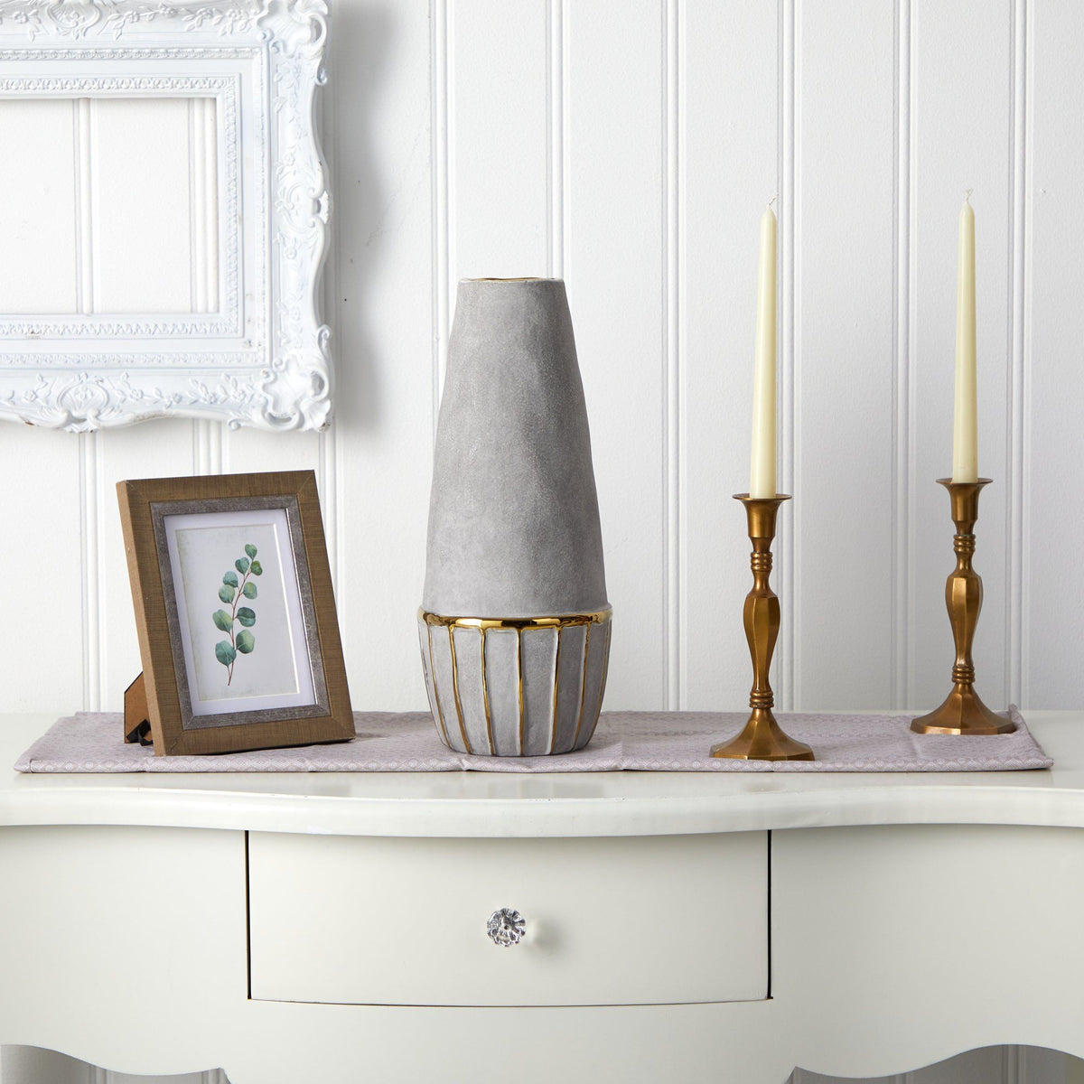 15” Regal Stone Decorative Vase with Gold Accents