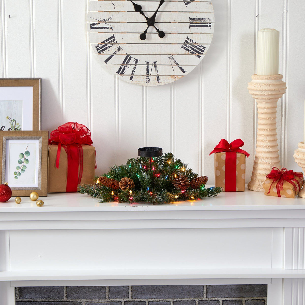 a fireplace with presents and a clock on the wall