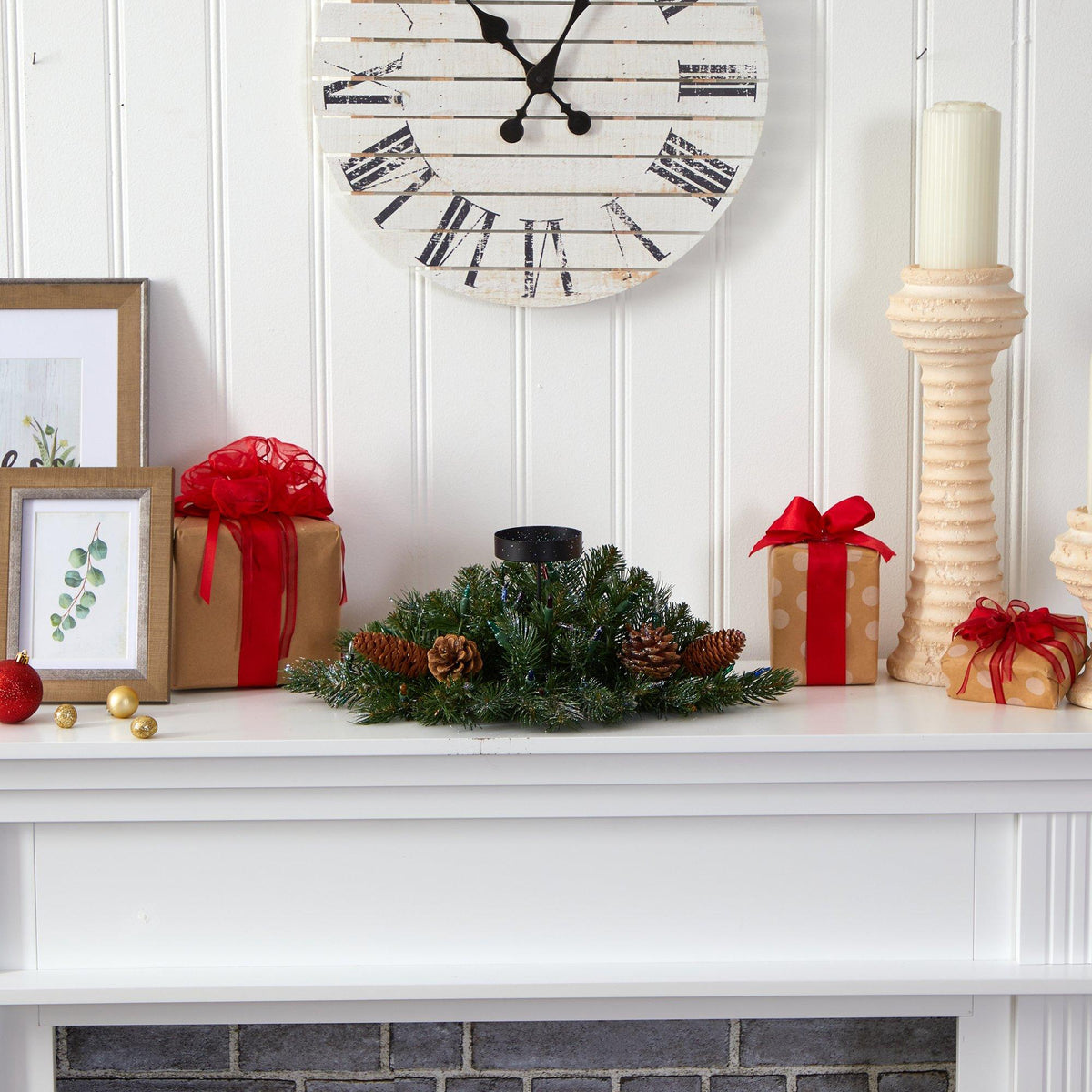 a fireplace with presents and a clock on the wall