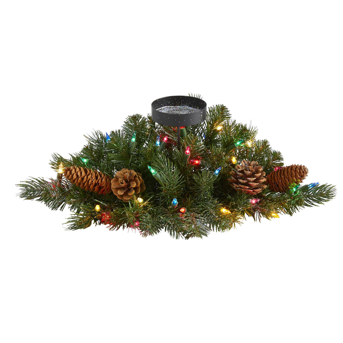 a christmas tree with lights and pine cones