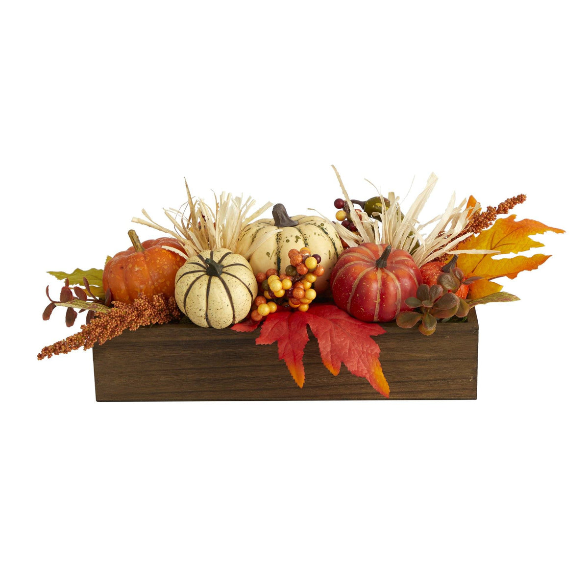 a wooden box with pumpkins and leaves