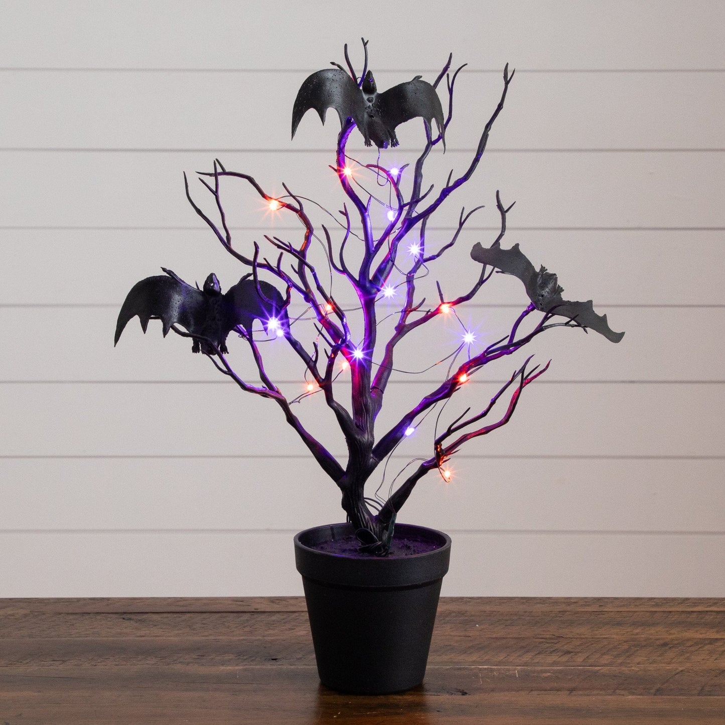 16” Pre-Lit Artificial Halloween Black Spooky Twig Tree with Bats and 20 Orange & Purple LED Lights