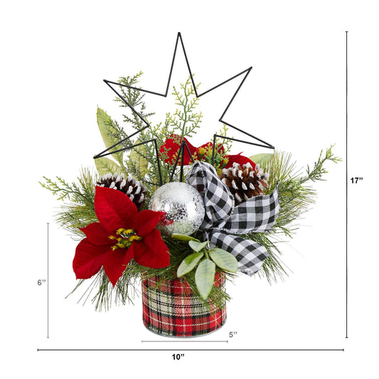 17” Holiday Winter Poinsettia, Greenery and Pinecones with North Star Plaid Table Arrangement