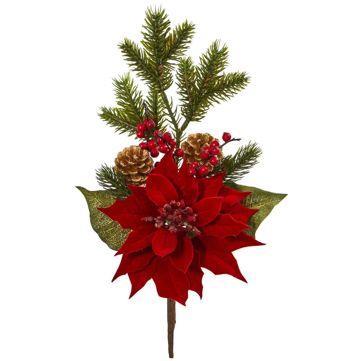 a red flower with pine cones and berries