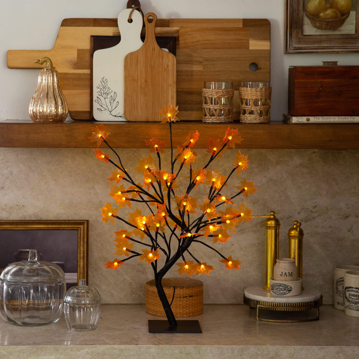 a tree with lights on a counter