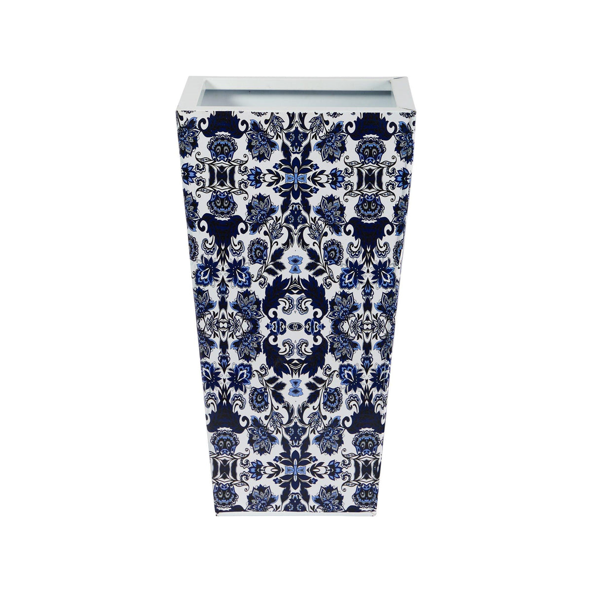 a blue and white rectangular vase