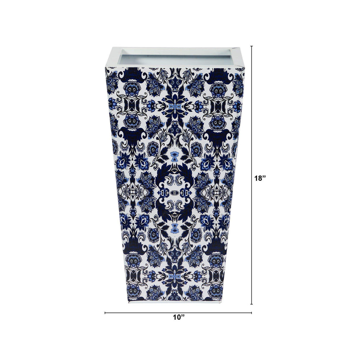 a tall rectangular vase with a blue and white pattern
