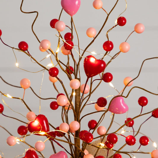 18" Pre-Lit Artificial Valentine's Day Heart & Berry Twig Tree with 30 LED String Lights in Burlap Wrapped Base
