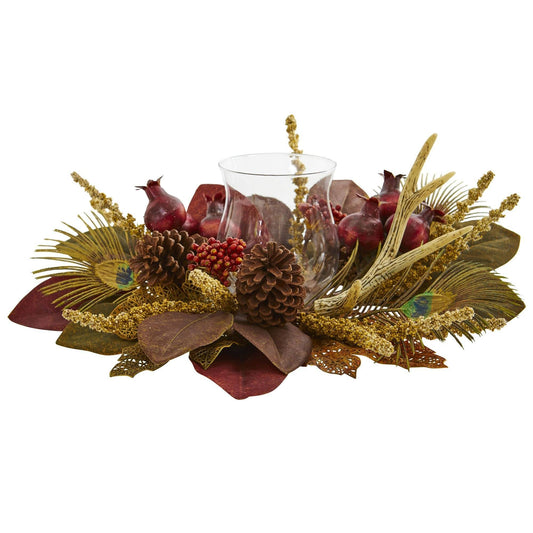 a candle holder with a glass candle and pine cones