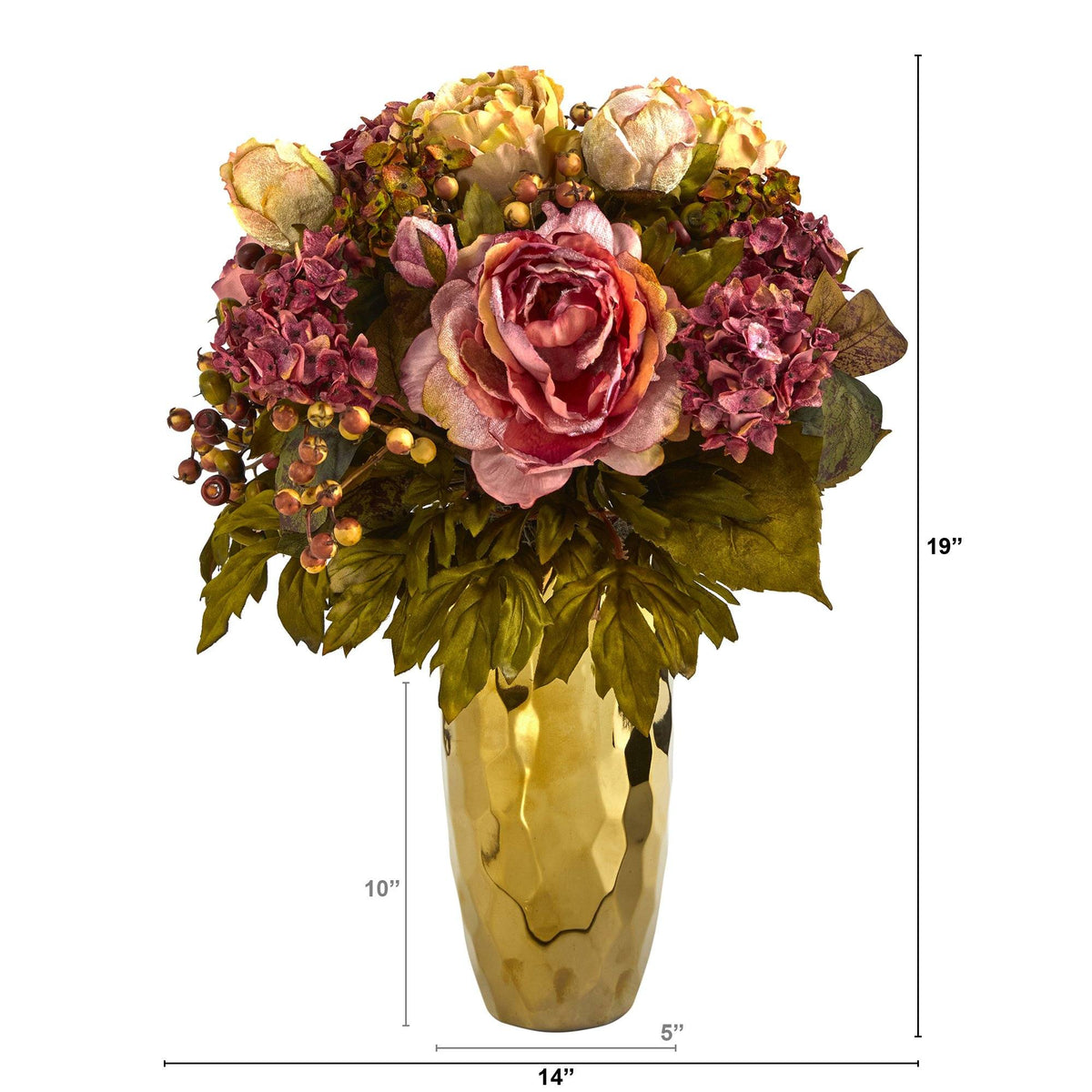 a gold vase with flowers and a rose