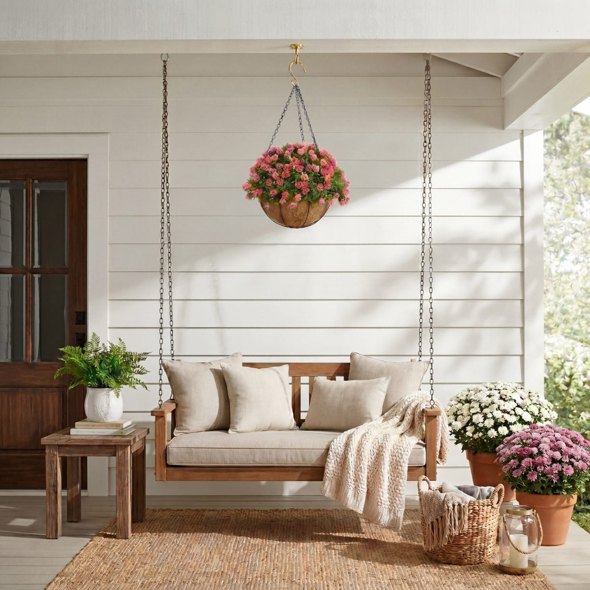 a porch with a swing and flowers