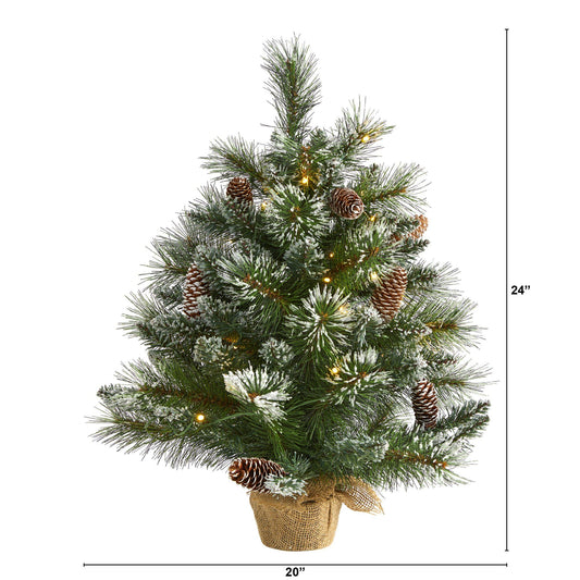 a small artificial christmas tree with lights and pine cones