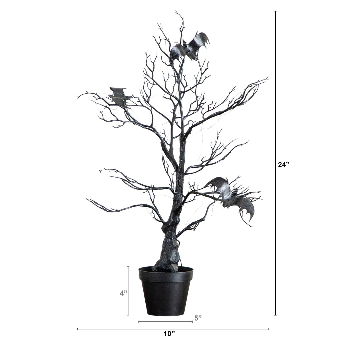 a tree with a small bat and bats in a pot