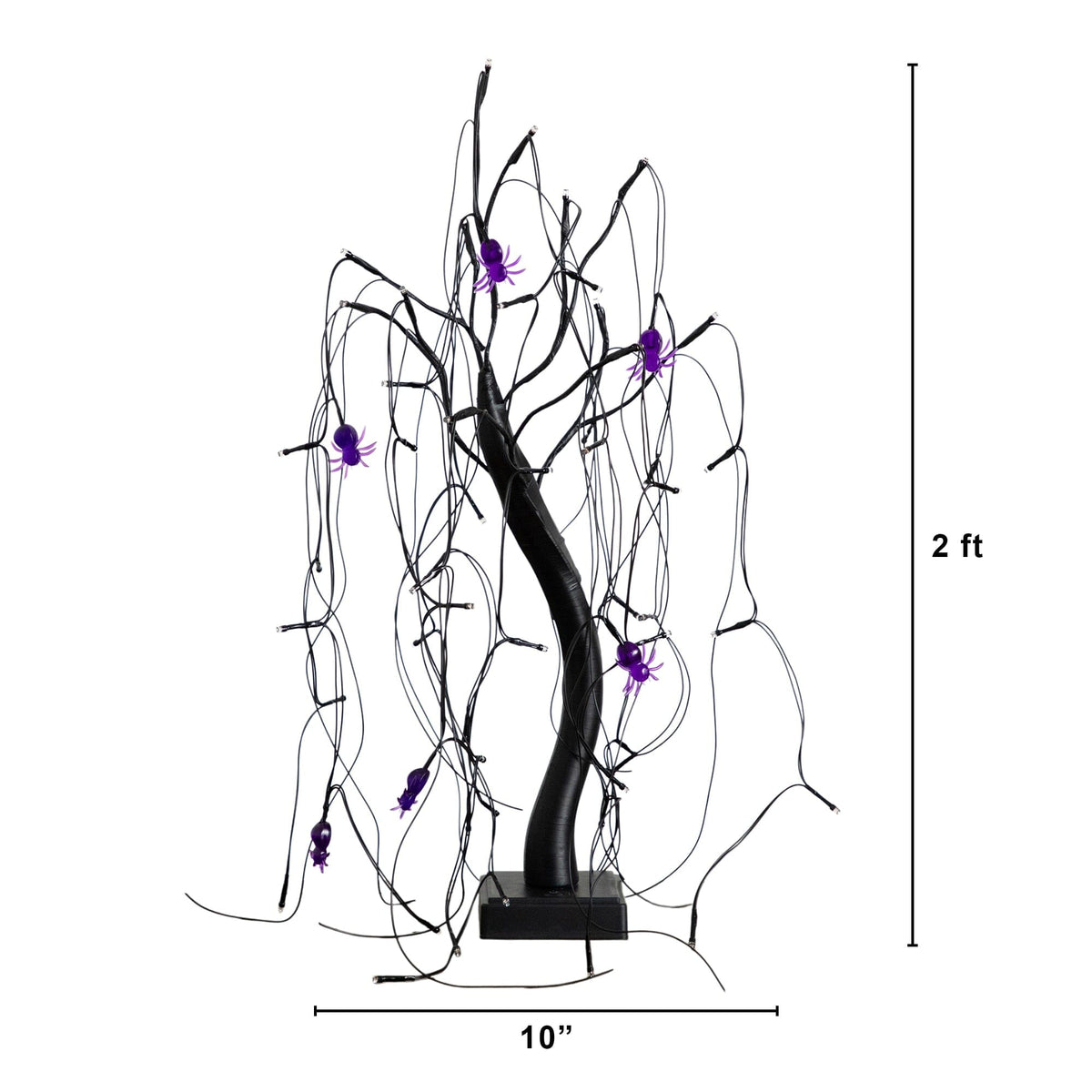 a black tree with purple spiders and spider webs