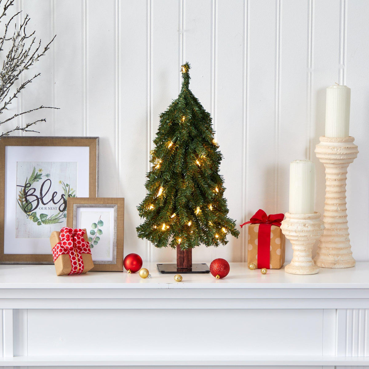 2’ Grand Alpine Artificial Christmas Tree with 35 Clear Lights and 111 Bendable Branches on Natural Trunk