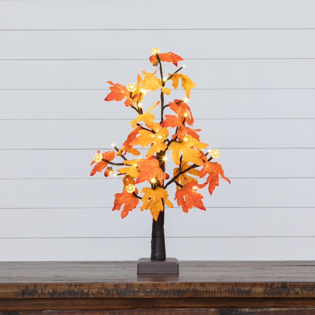 a small tree with orange leaves and lights