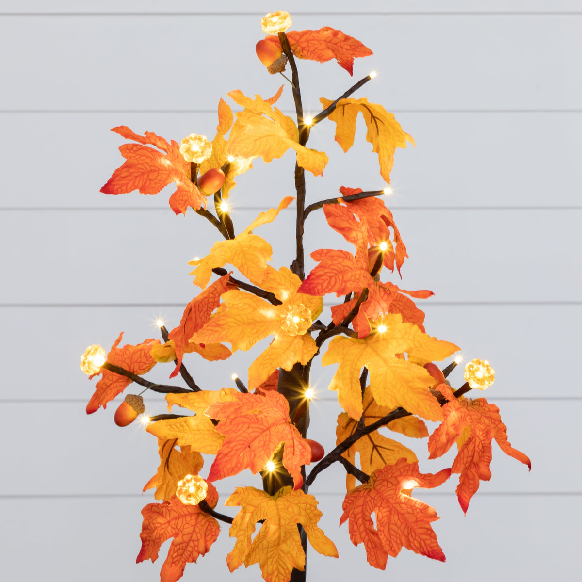 a tree with orange and yellow leaves and lights