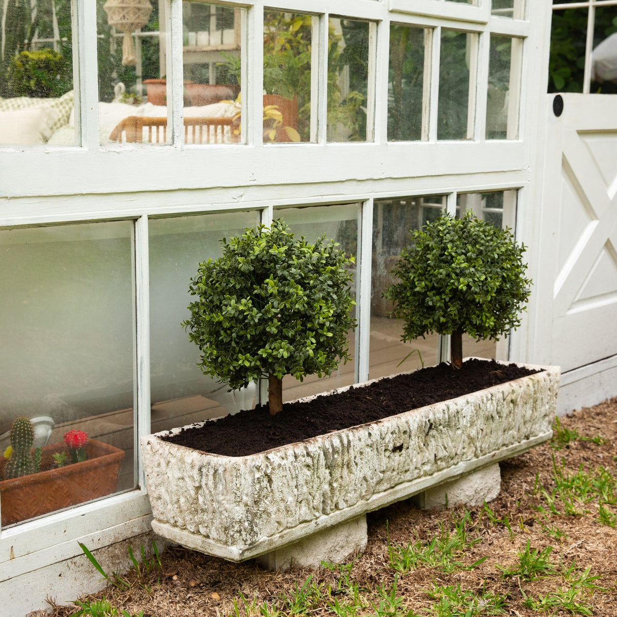 2' UV Resistant Artificial Boxwood Topiary with Integrated Ground Stake (Indoor/Outdoor) - Set of 2