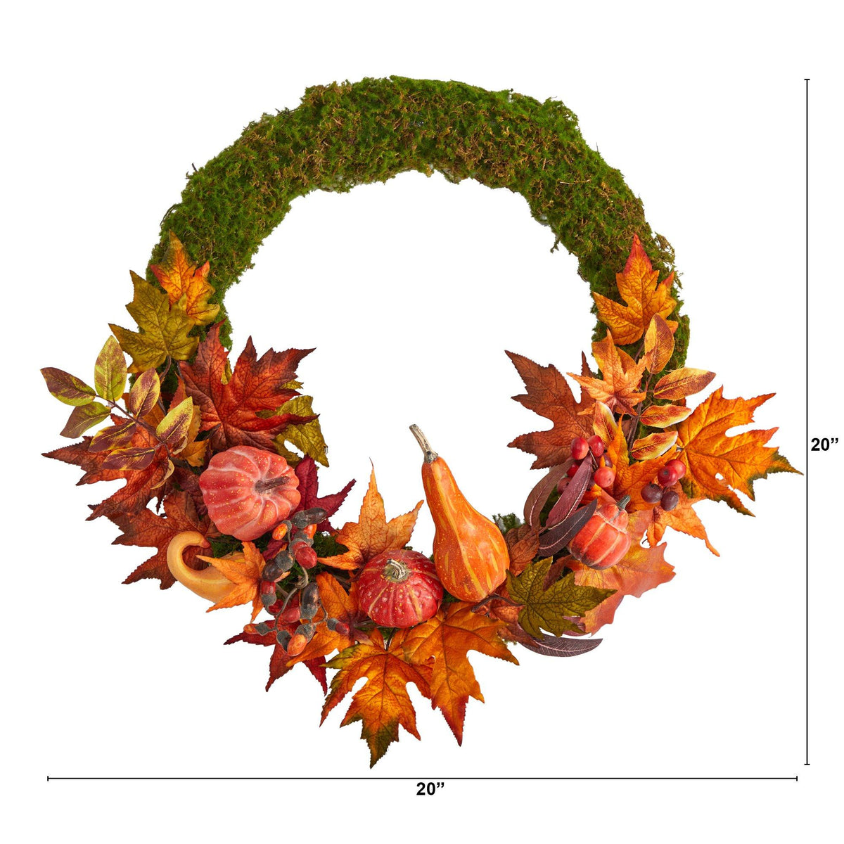 a wreath with leaves and pumpkins