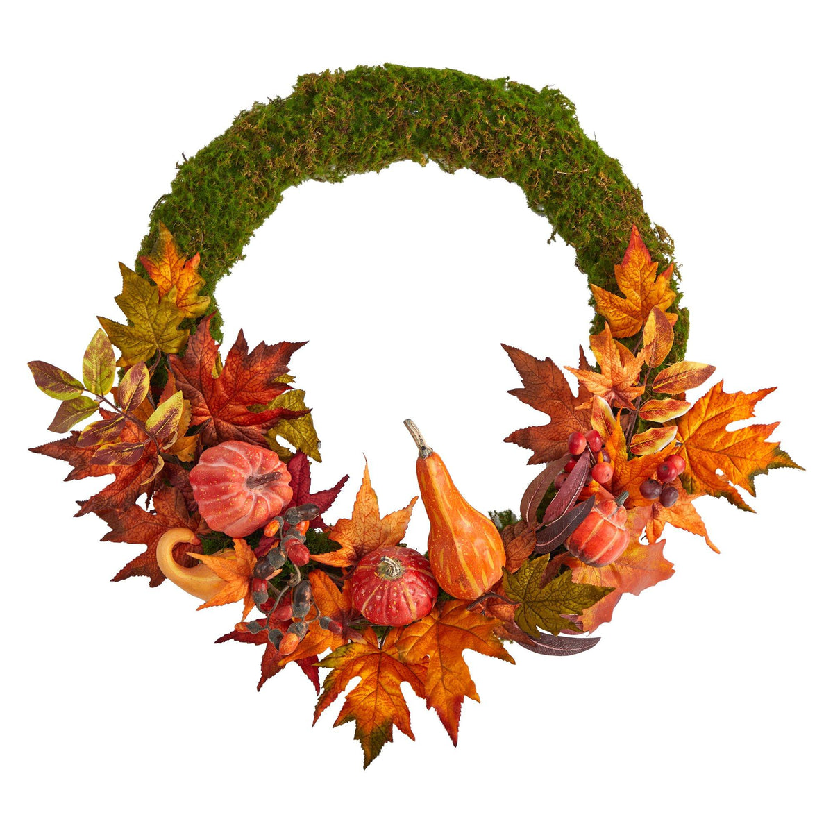 a wreath with leaves and pumpkins