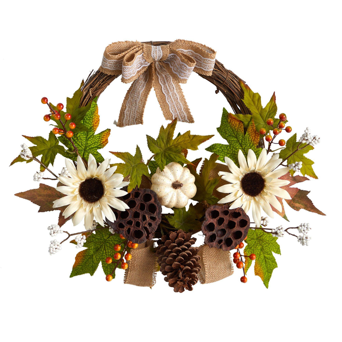 a wreath with flowers and pine cones