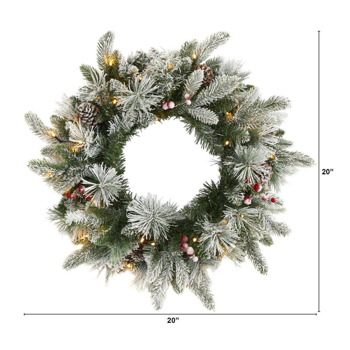 a wreath with lights and pine cones