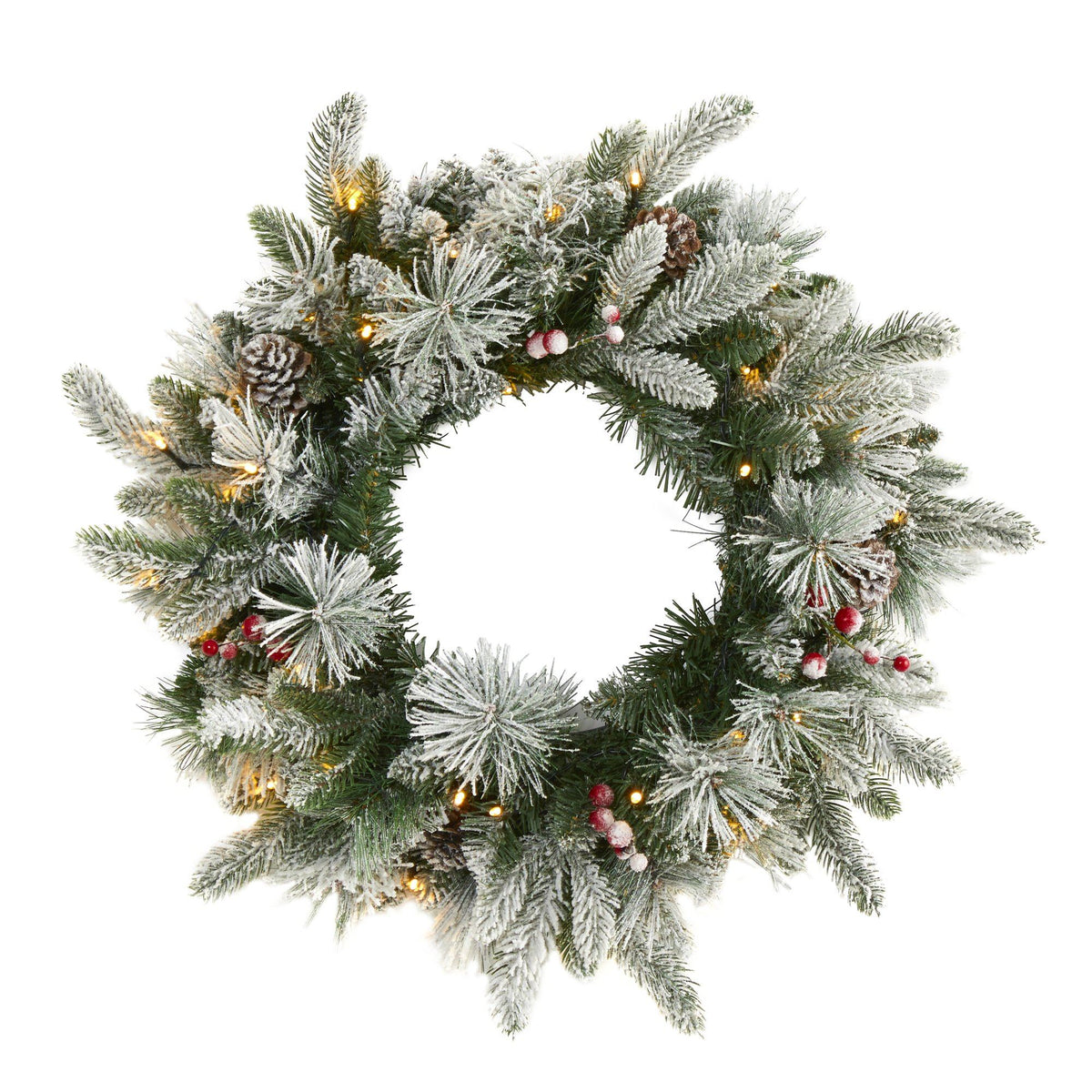 a wreath with lights and pine cones