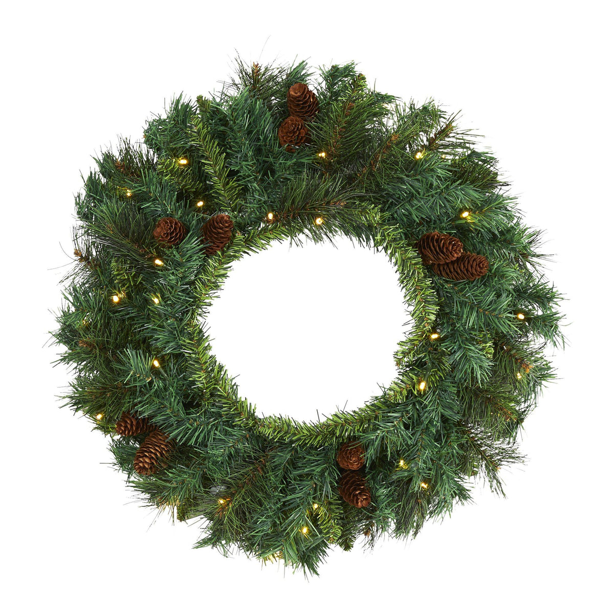 a wreath with lights and pine cones