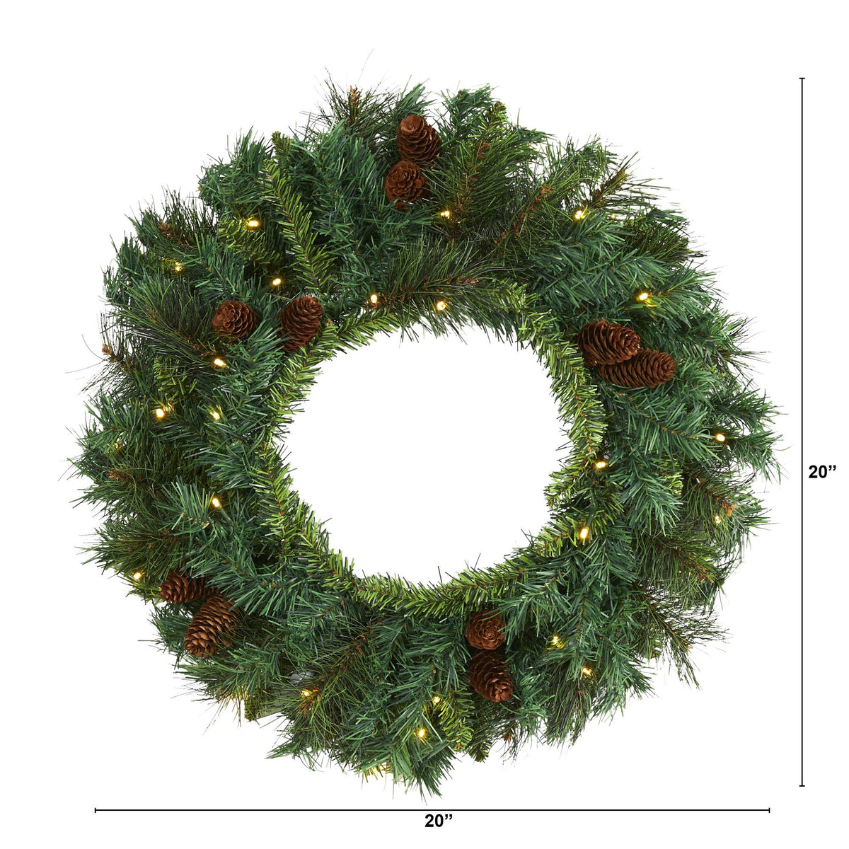 a wreath with lights and pine cones
