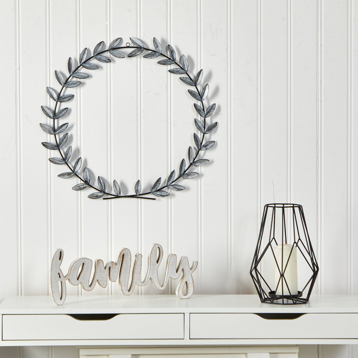 20” x 20” White Metal Olive Leaf Wall Decor