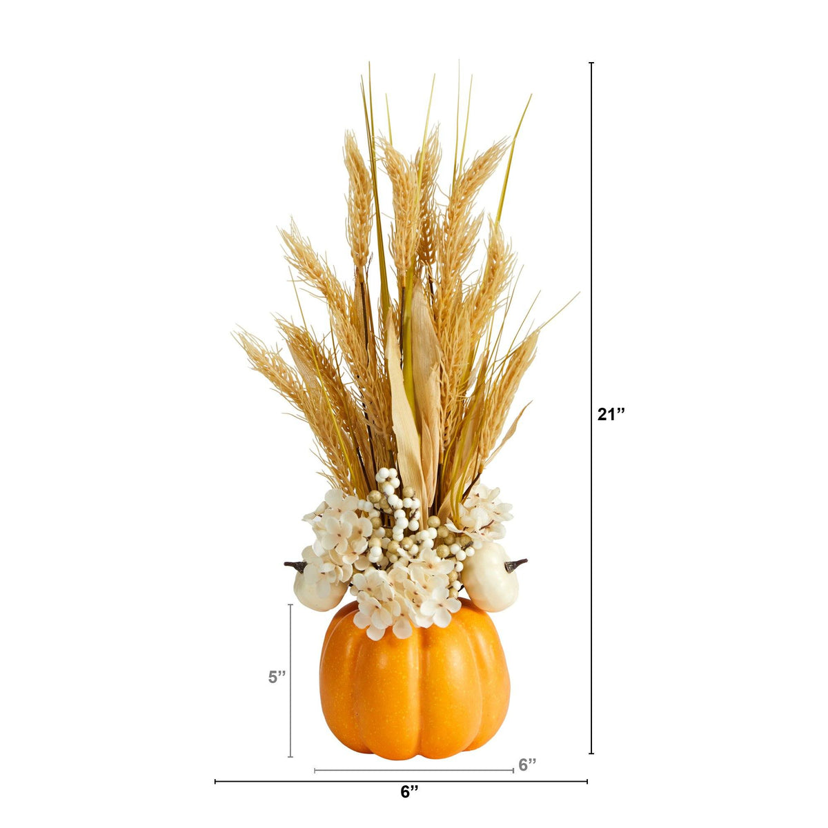a pumpkin with wheat and flowers