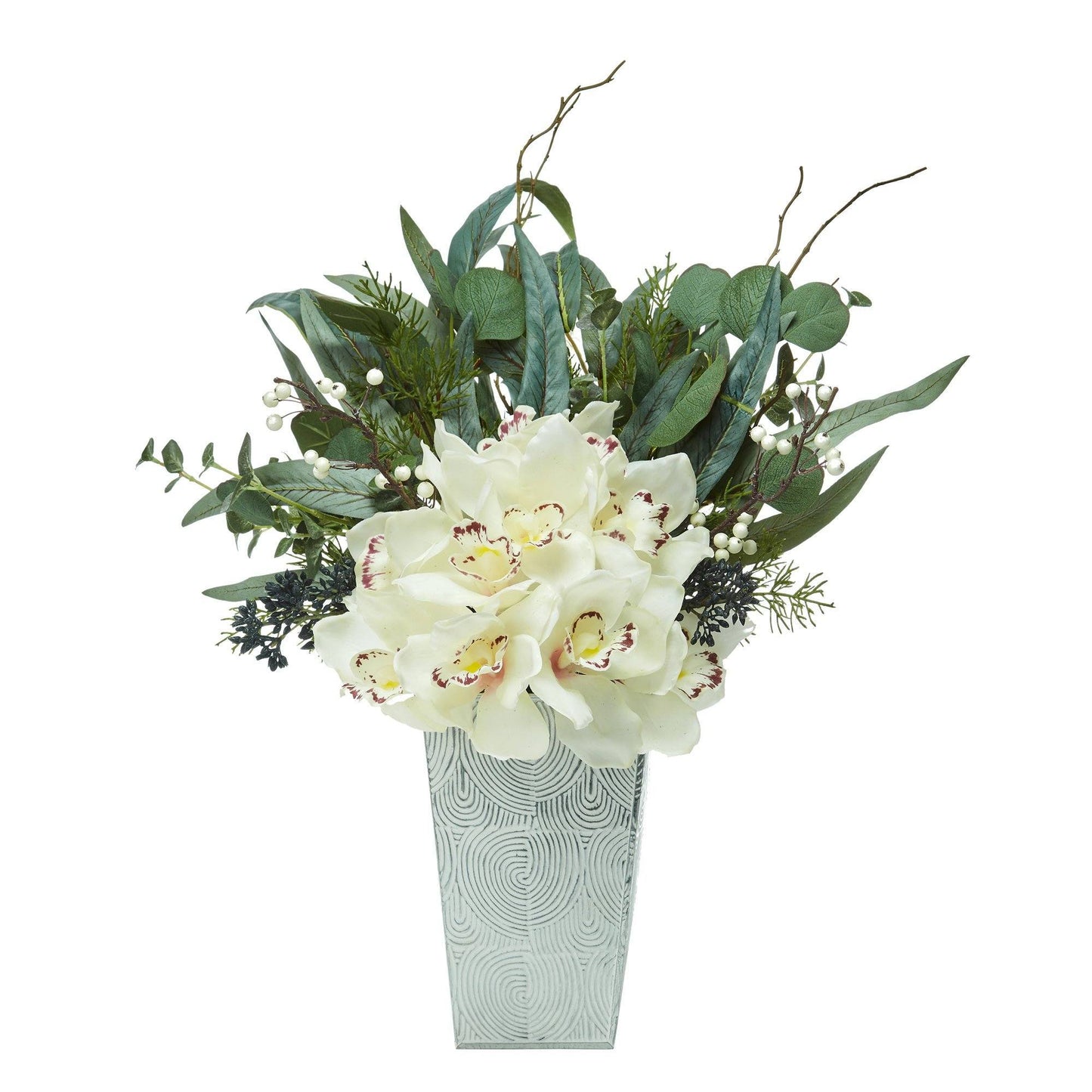 21” Cymbidium Orchid and Eucalyptus Artificial Arrangement