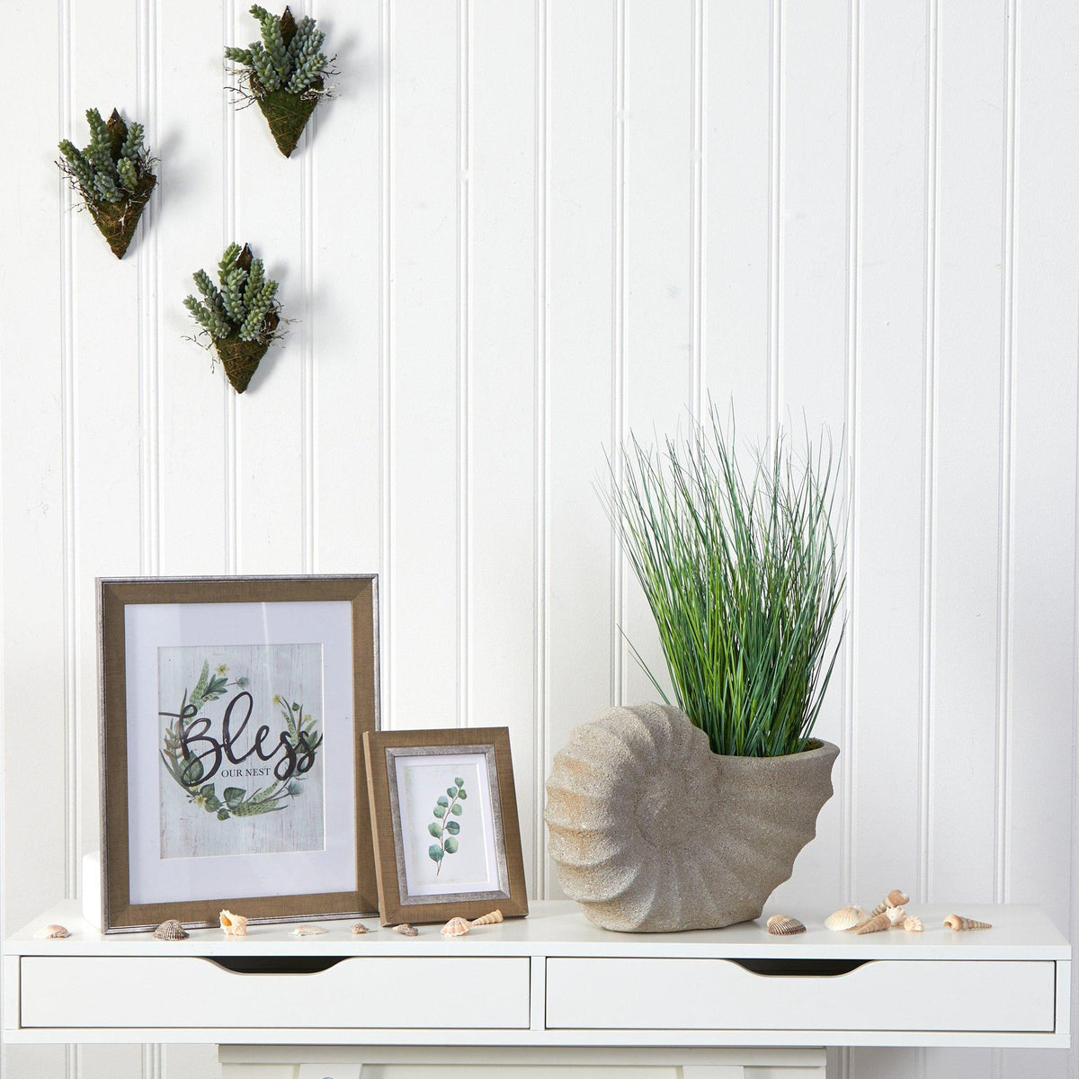21” Onion Grass Artificial Plant in Shell Shaped Planter