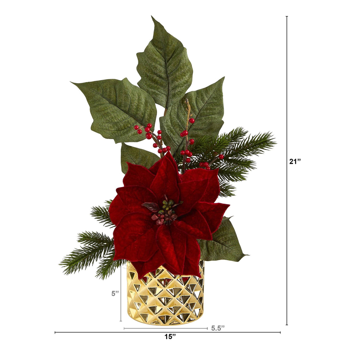 a poinsettia and pine branches in a gold vase