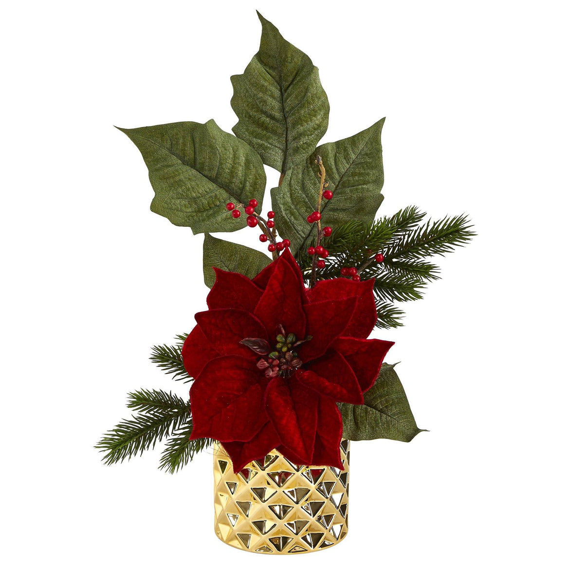 a red flower in a gold vase