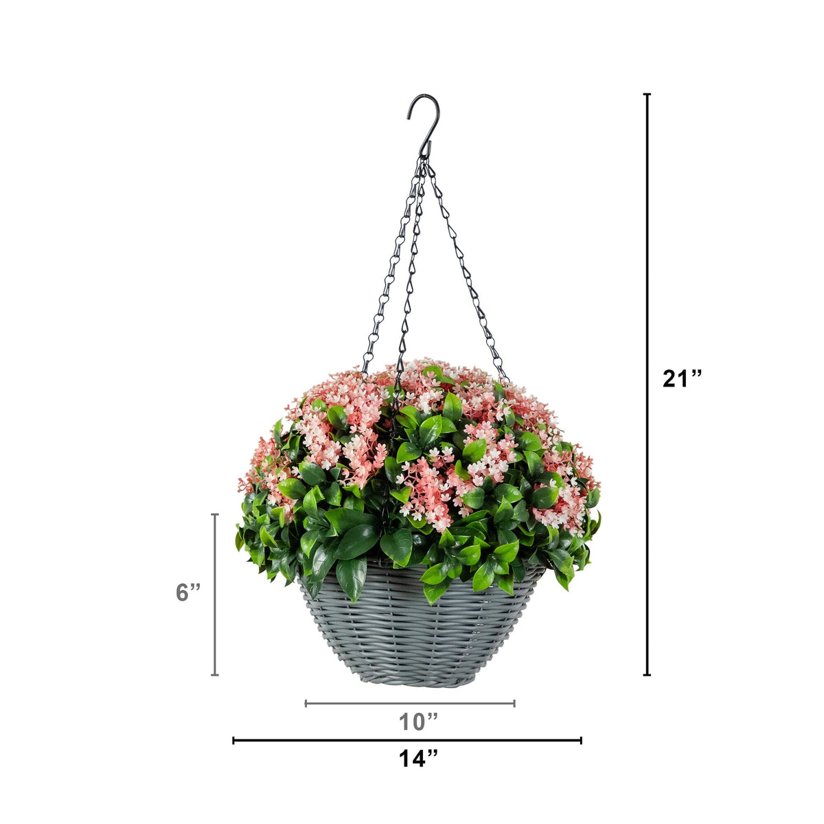a basket with pink flowers and green leaves