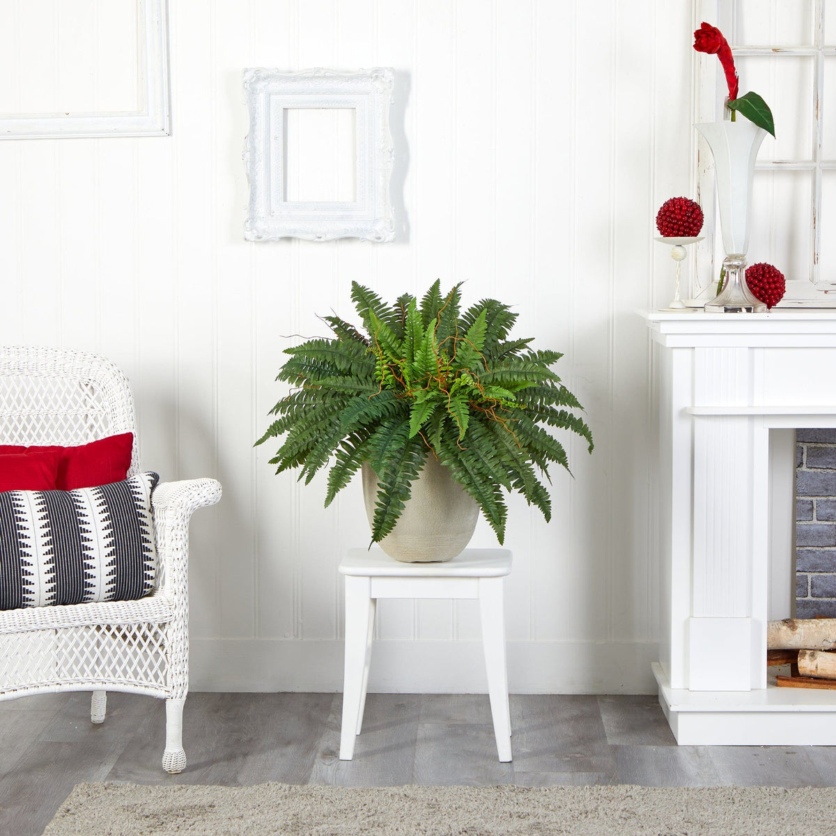 a plant on a table next to a fireplace