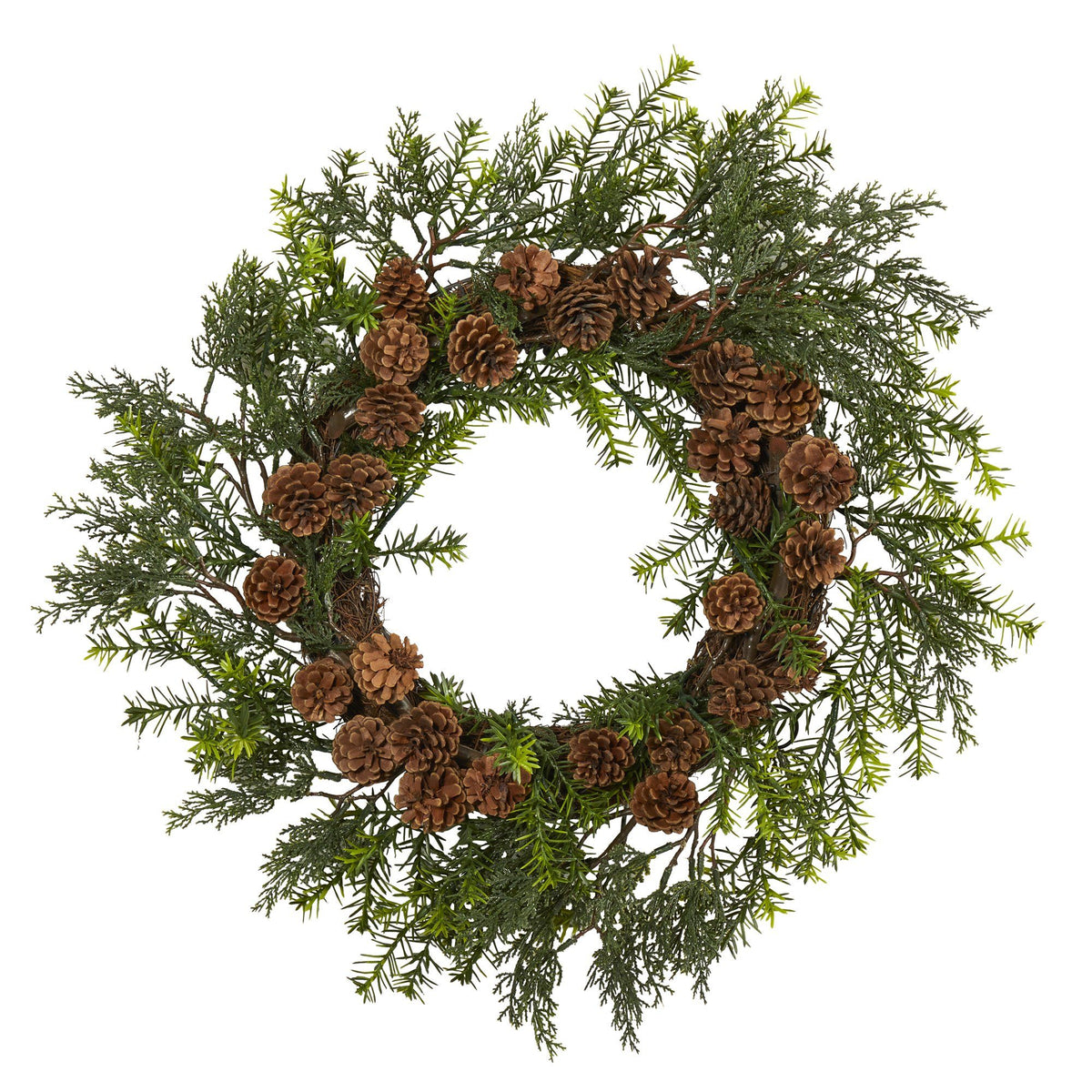 a wreath with pine cones and leaves