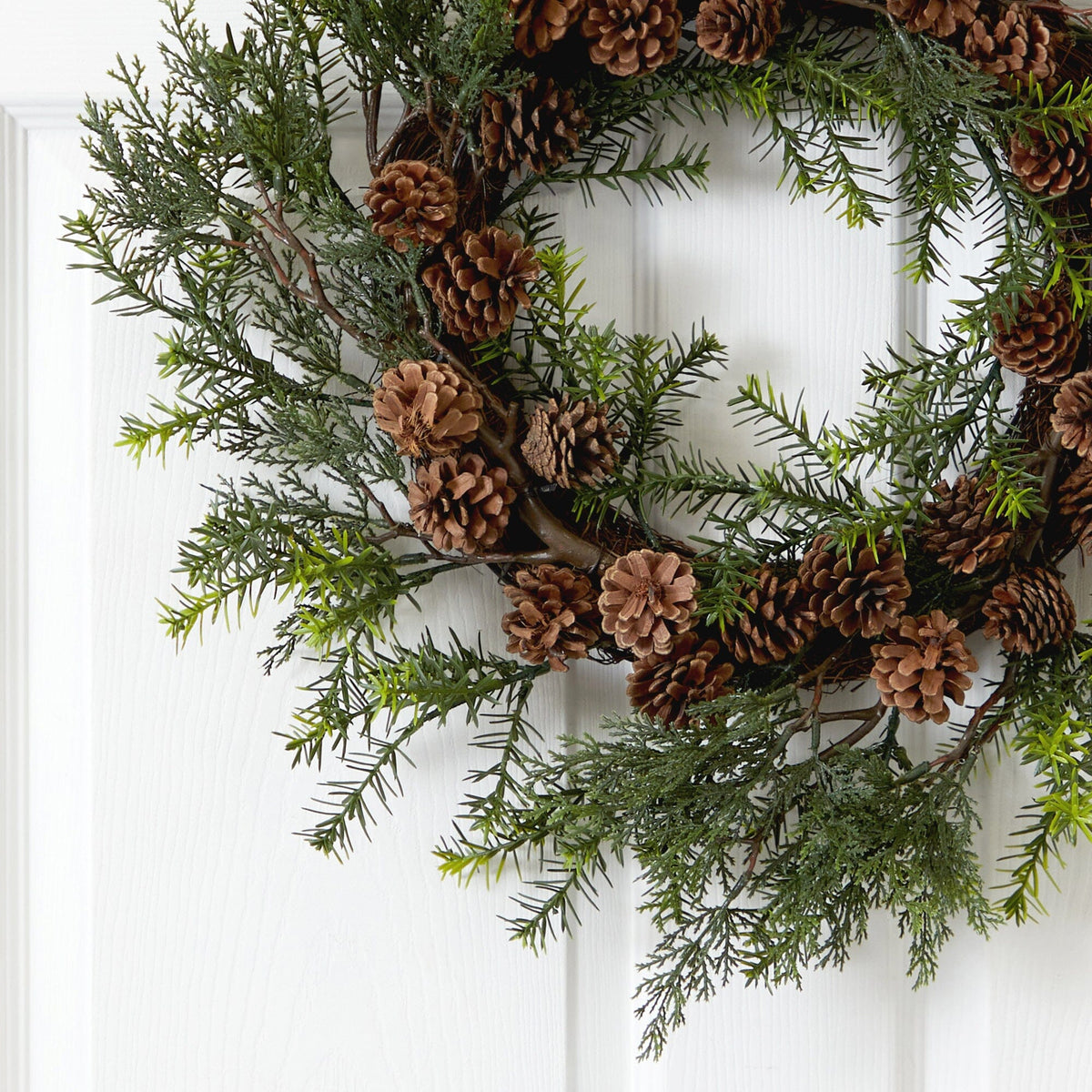 a wreath with pine cones and green leaves on a white door