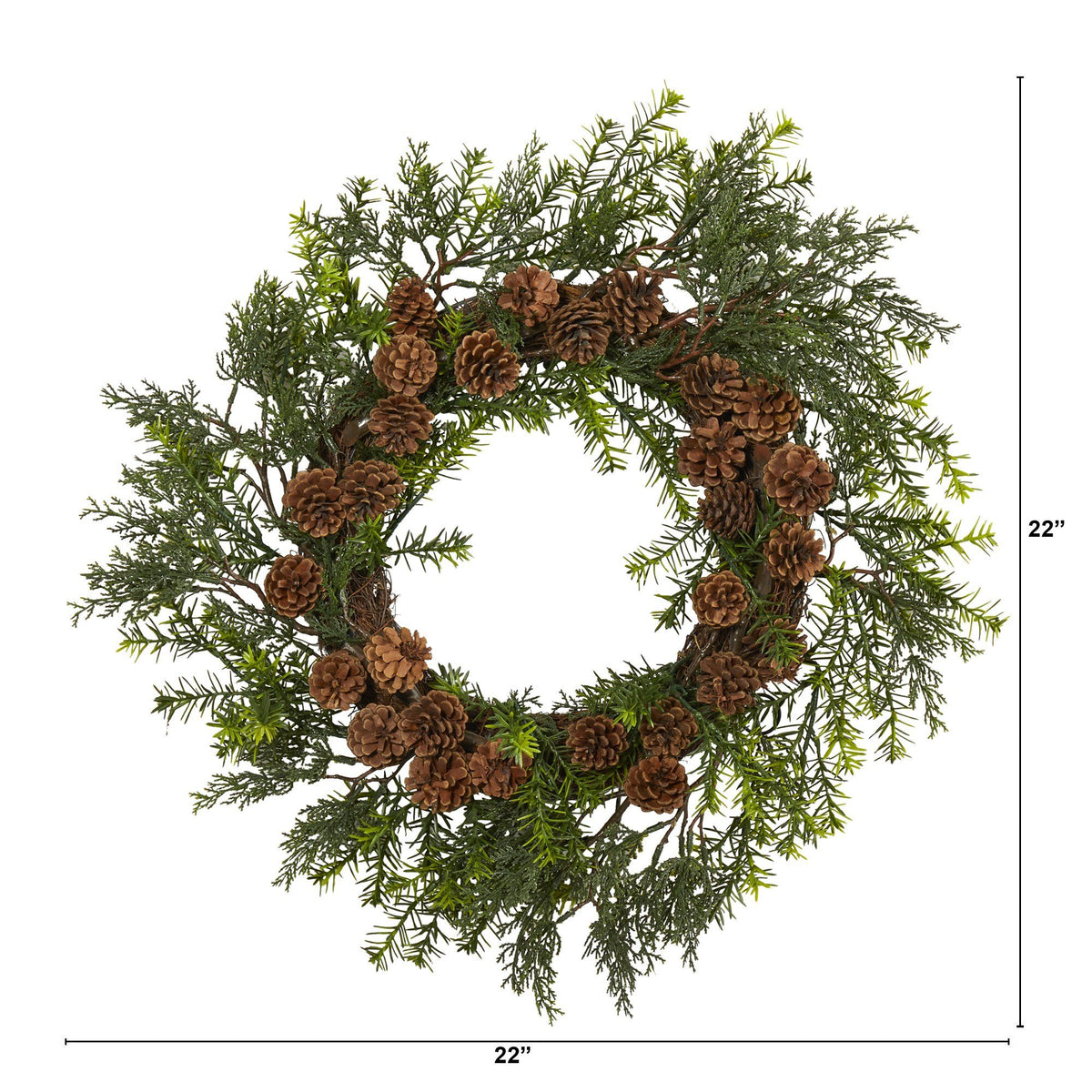 a wreath with pine cones