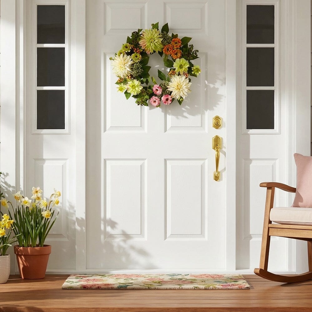 a white door with a wreath on the front door