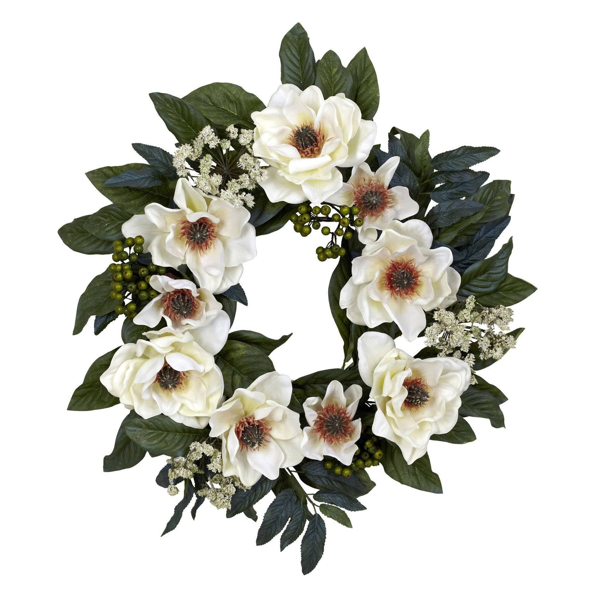 a wreath of white flowers and green leaves