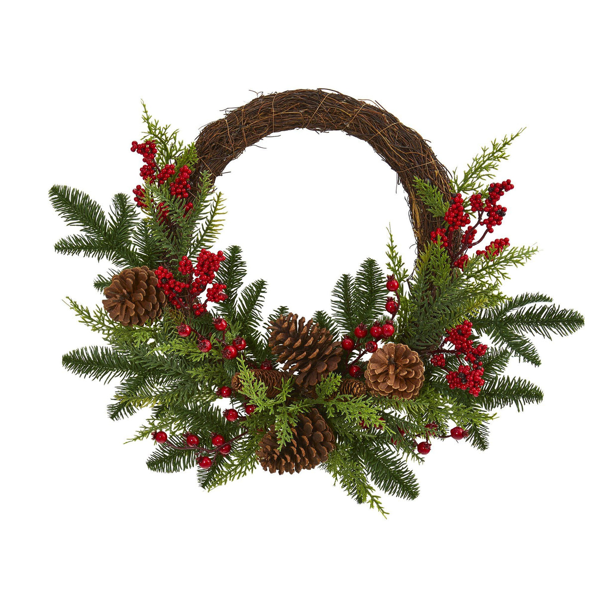 a wreath with pine cones and berries