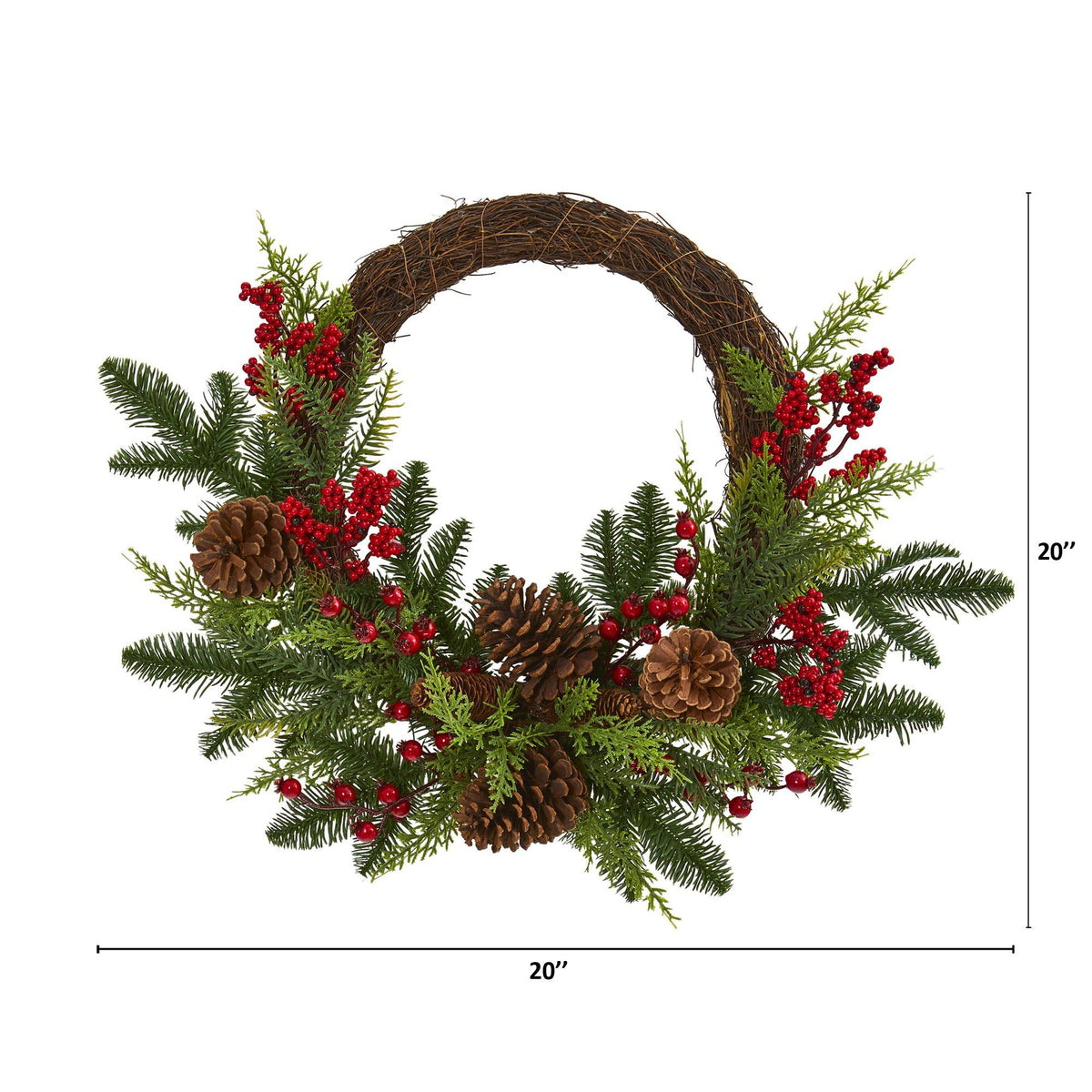 a wreath with pine cones and berries