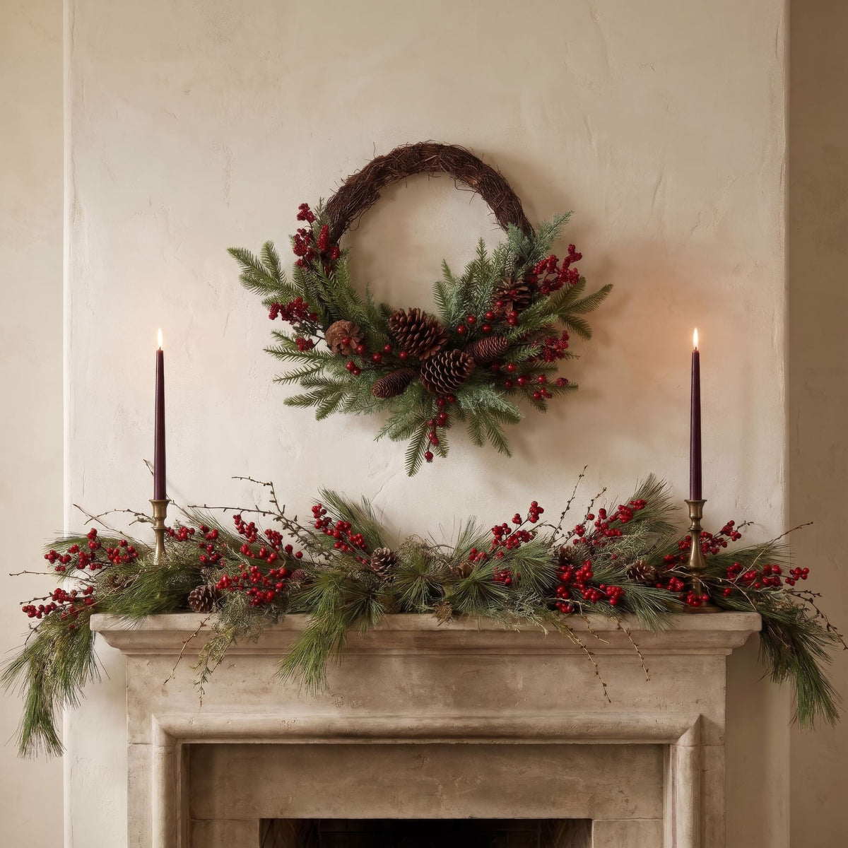22” Mixed Pine and Cedar with Berries and Pine Cones Artificial Wreath