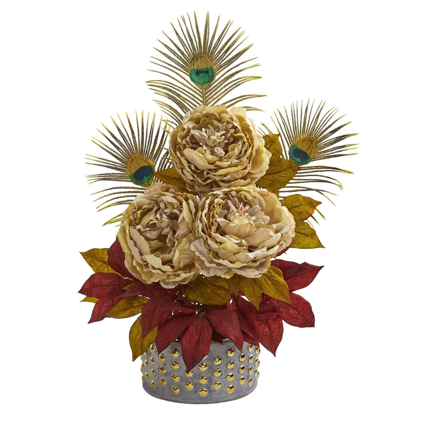 22” Peony and Peacock Feather Artificial Arrangement in Bowl with Gold Trimming