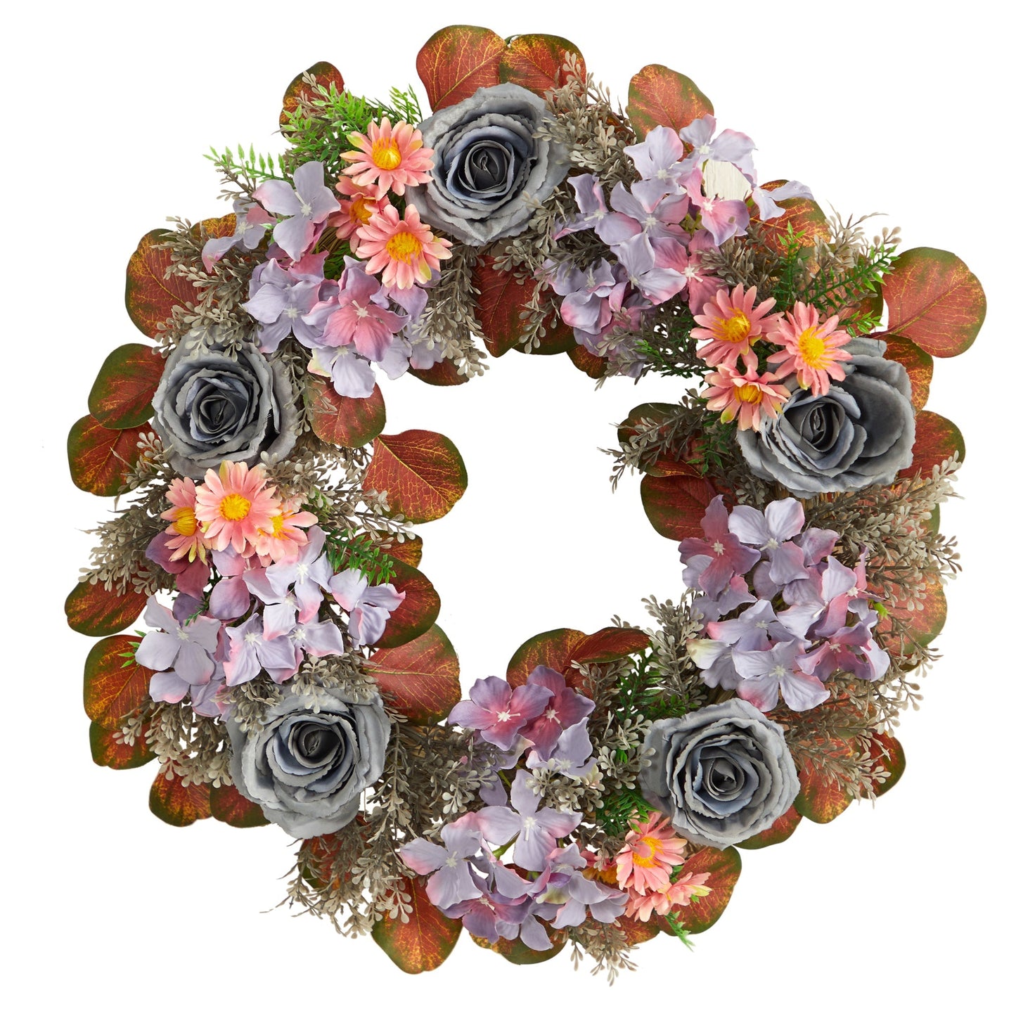 22” Silver Rose and Purple Hydrangea Artificial Wreath