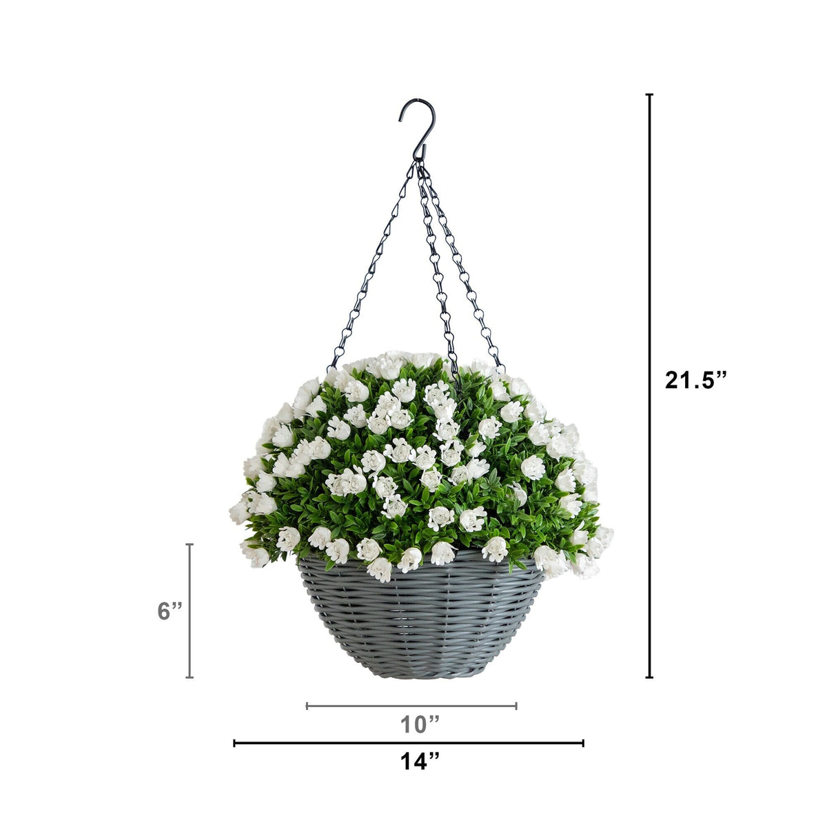 a basket with white flowers and a hook