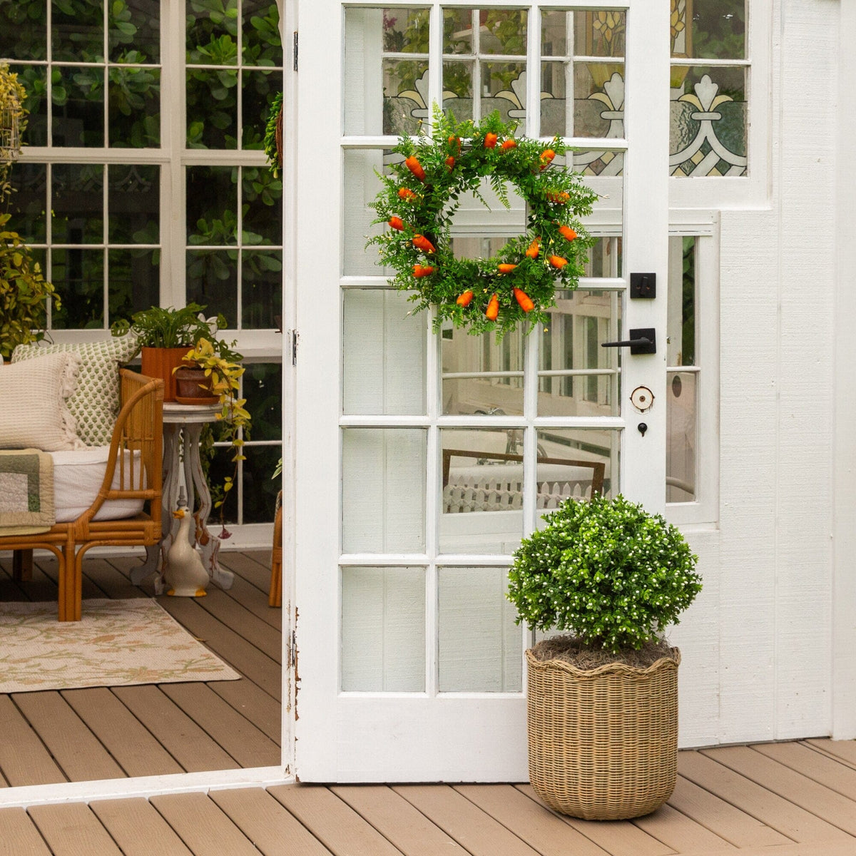 a door with a wreath on it